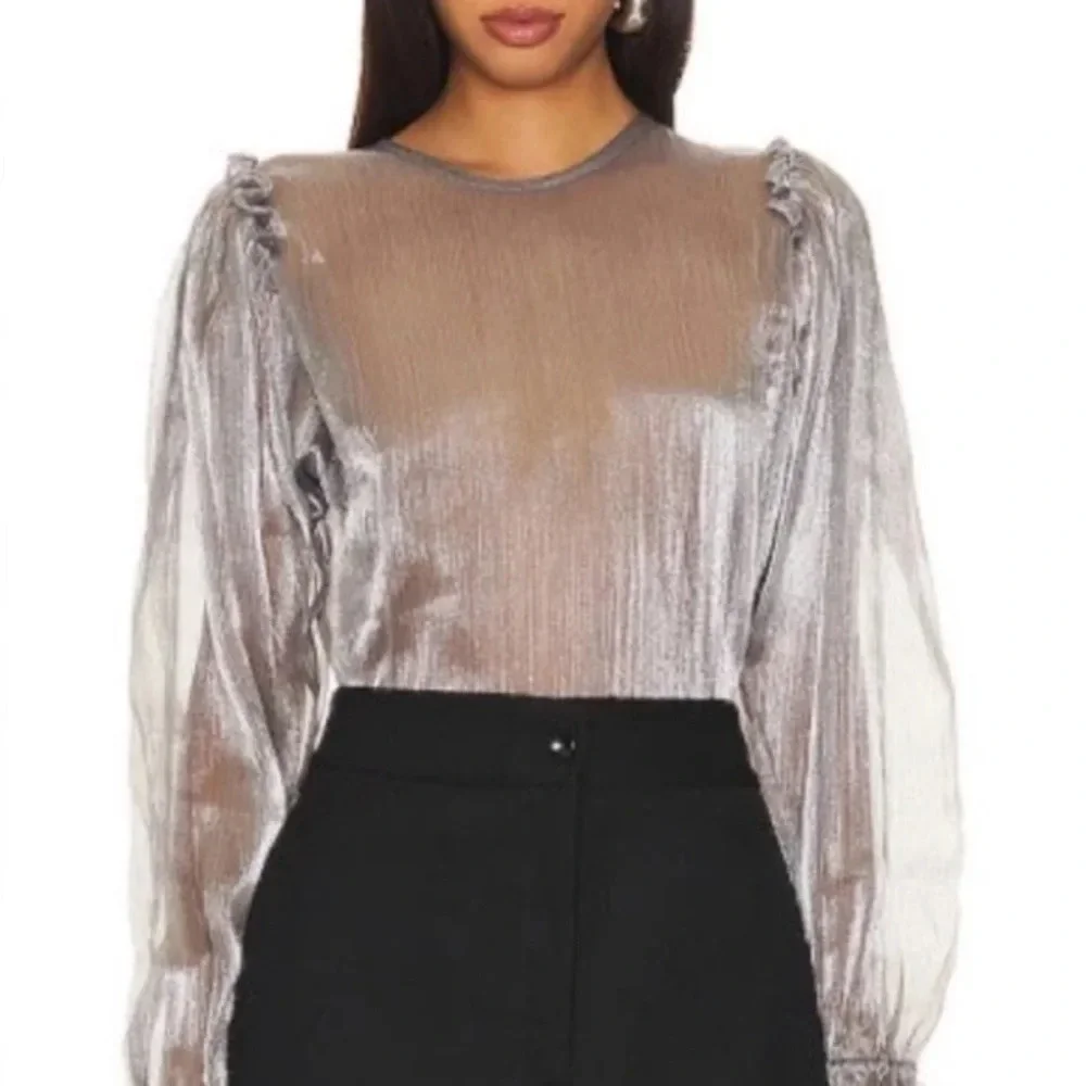 NWT Free People Freya Frost Top Metallic Silver Gray Sheer Long Sleeve Ribbon SP